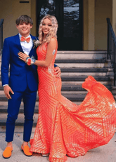 Joyce | Trumpet/Mermaid V Neck Orange White Sequin Prom Dress with Train - Orange - PromDressClub